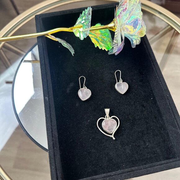 Heart-Shaped Rose Quartz Earrings & Pendant Set In Silver 925 Frame Handmade & C - Picture 1 of 9